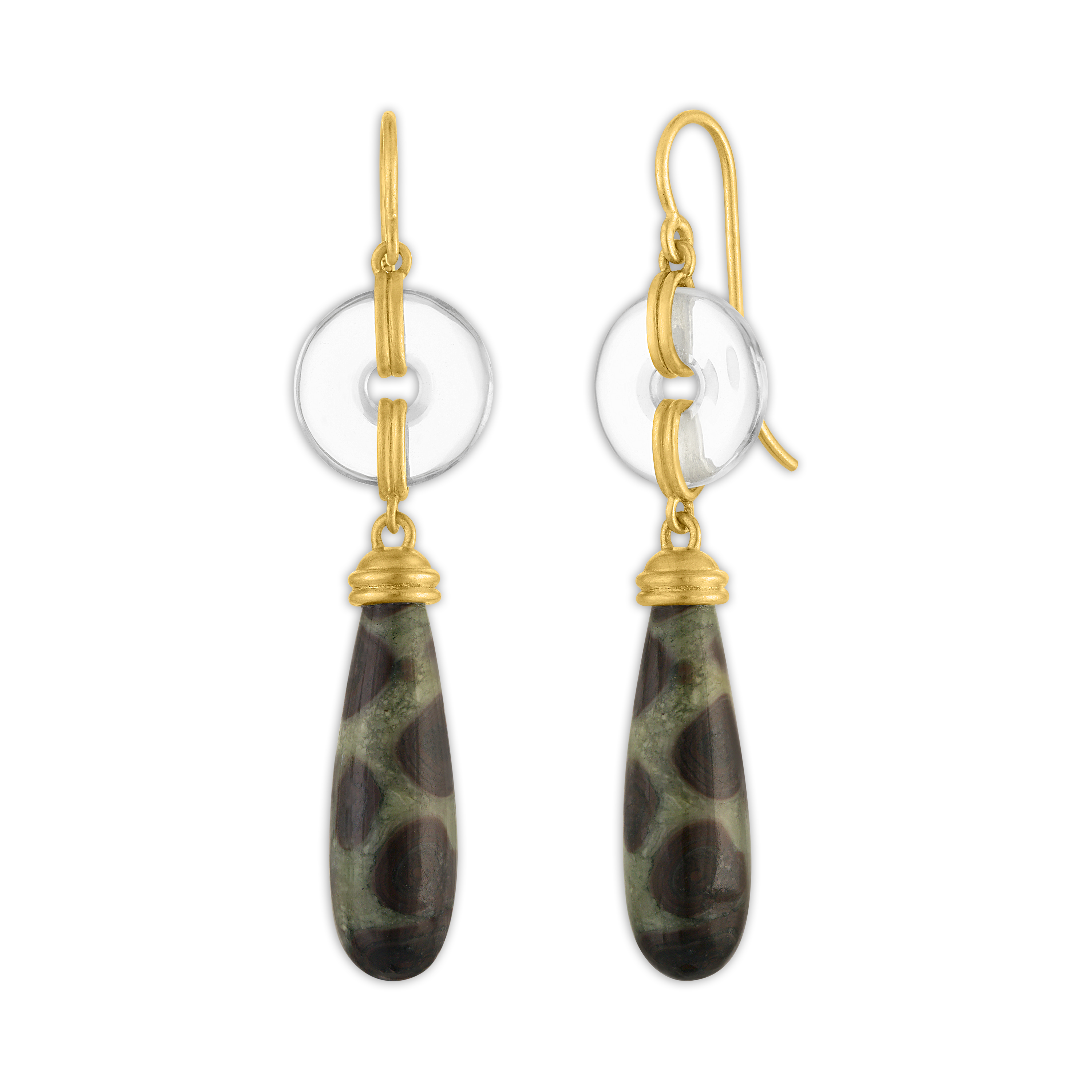 Small Rock Crystal and Leopard Jasper Discus Drop Earrings