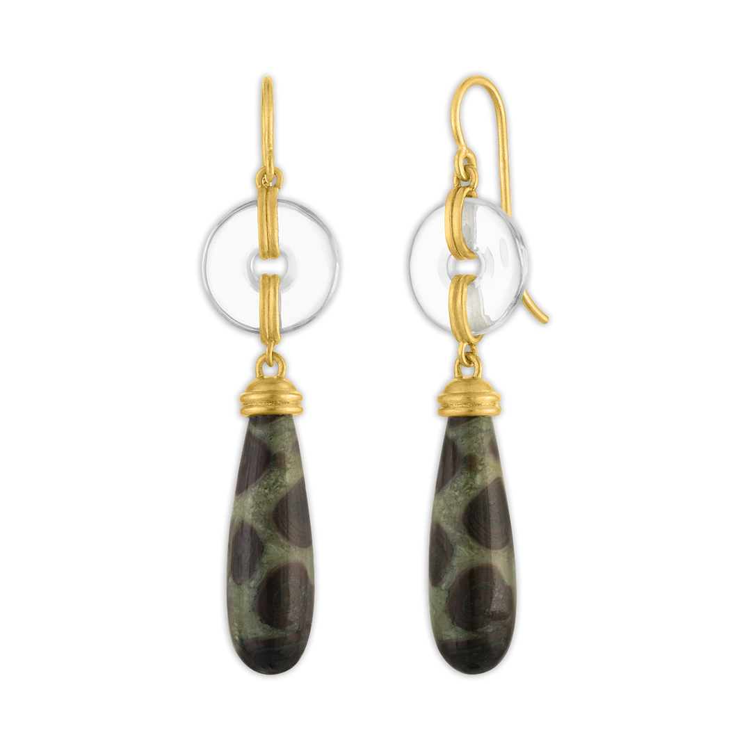 Small Rock Crystal and Leopard Jasper Discus Drop Earrings
