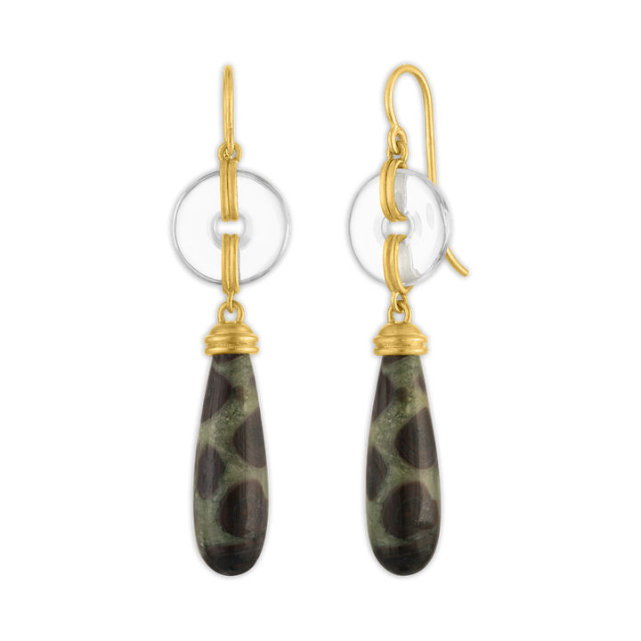 Small Rock Crystal and Leopard Jasper Discus Drop Earrings
