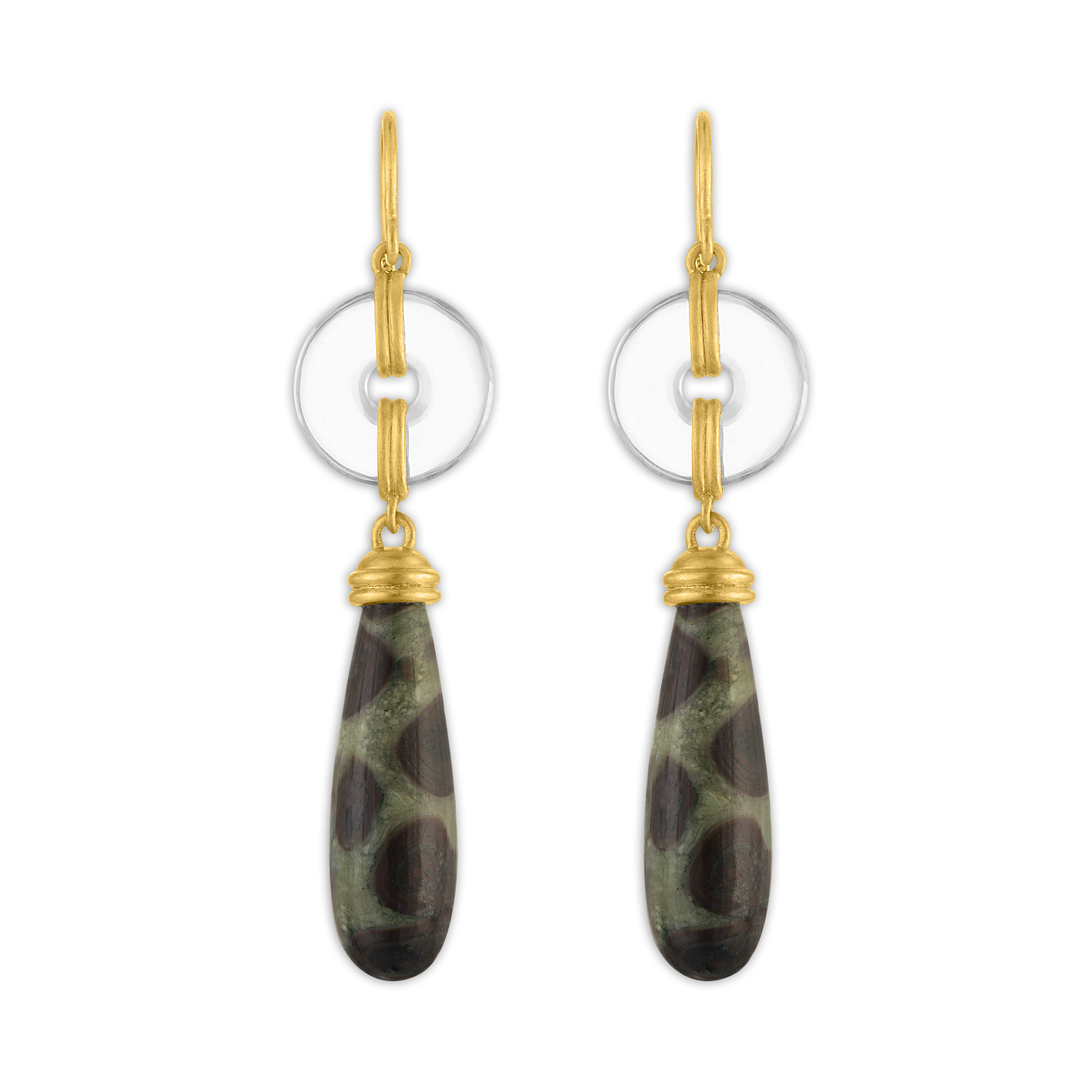 Small Rock Crystal and Leopard Jasper Discus Drop Earrings