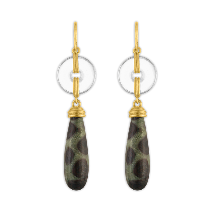 Small Rock Crystal and Leopard Jasper Discus Drop Earrings