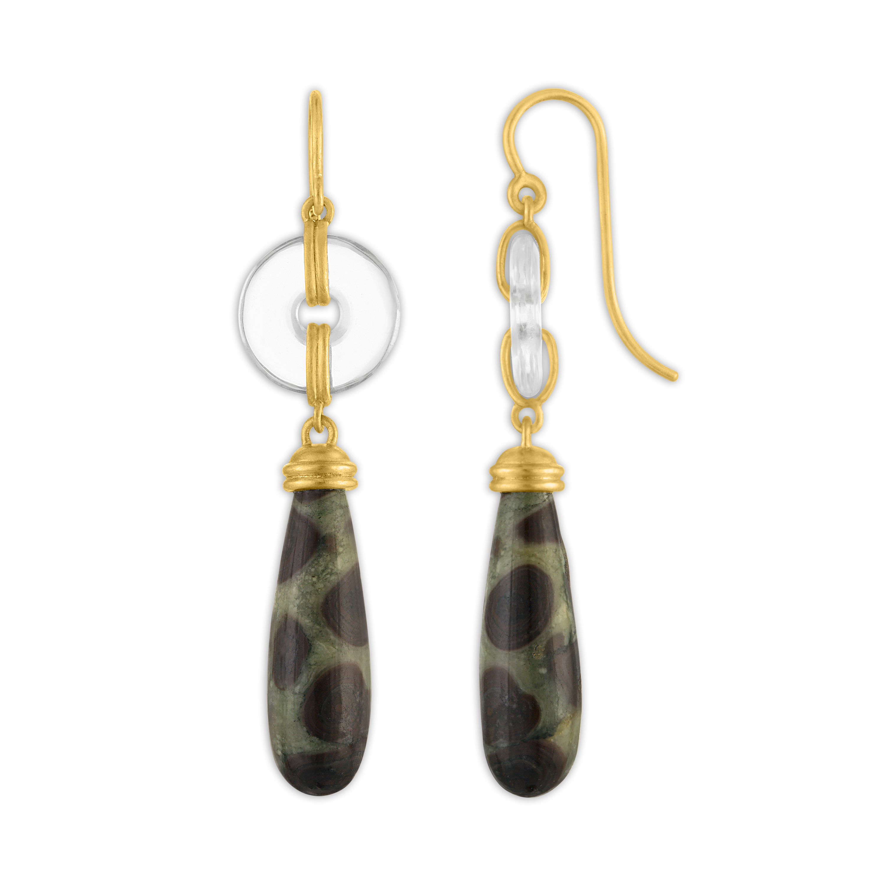 Small Rock Crystal and Leopard Jasper Discus Drop Earrings