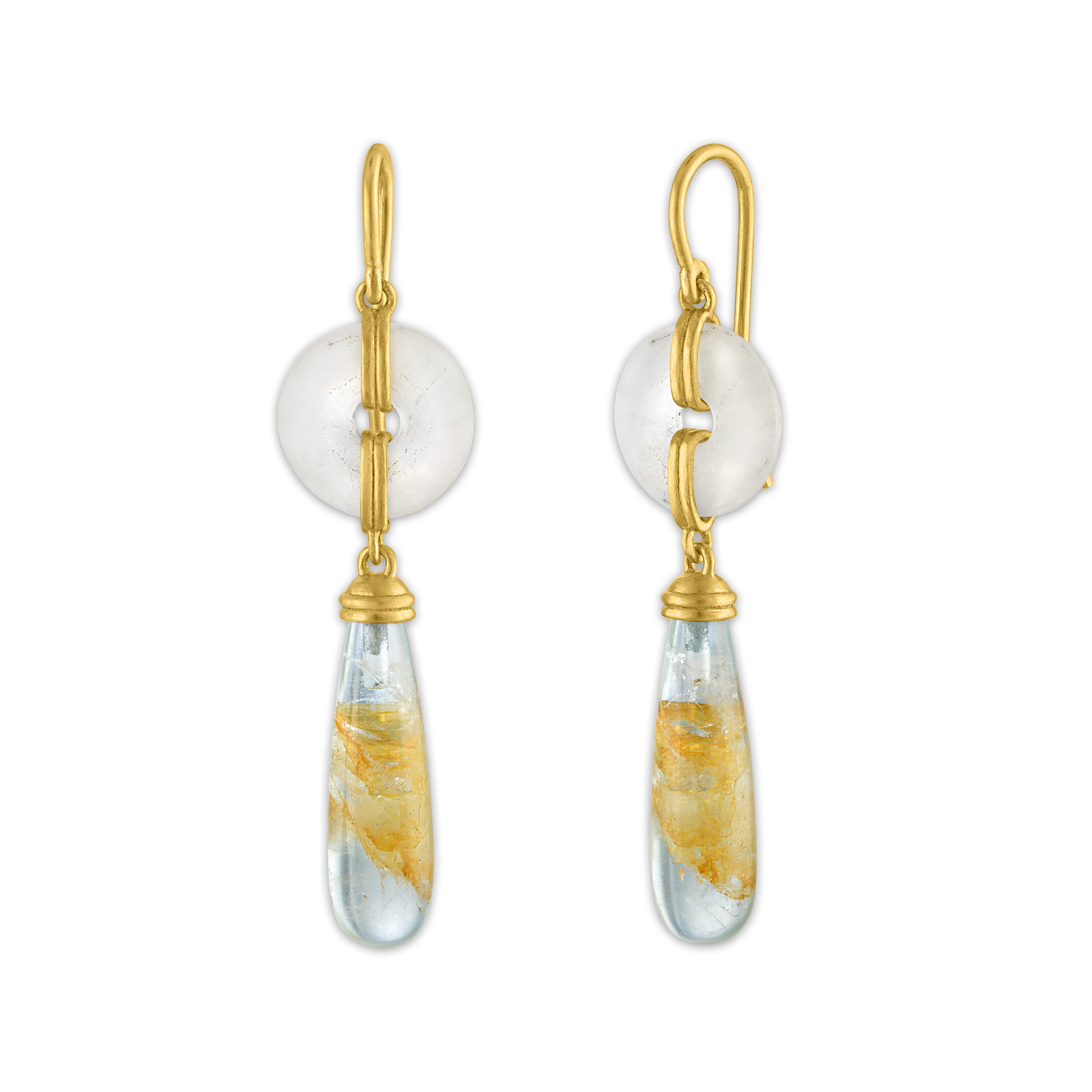 Small Frosted Rock Crystal Discus and Beryl Drop Earrings