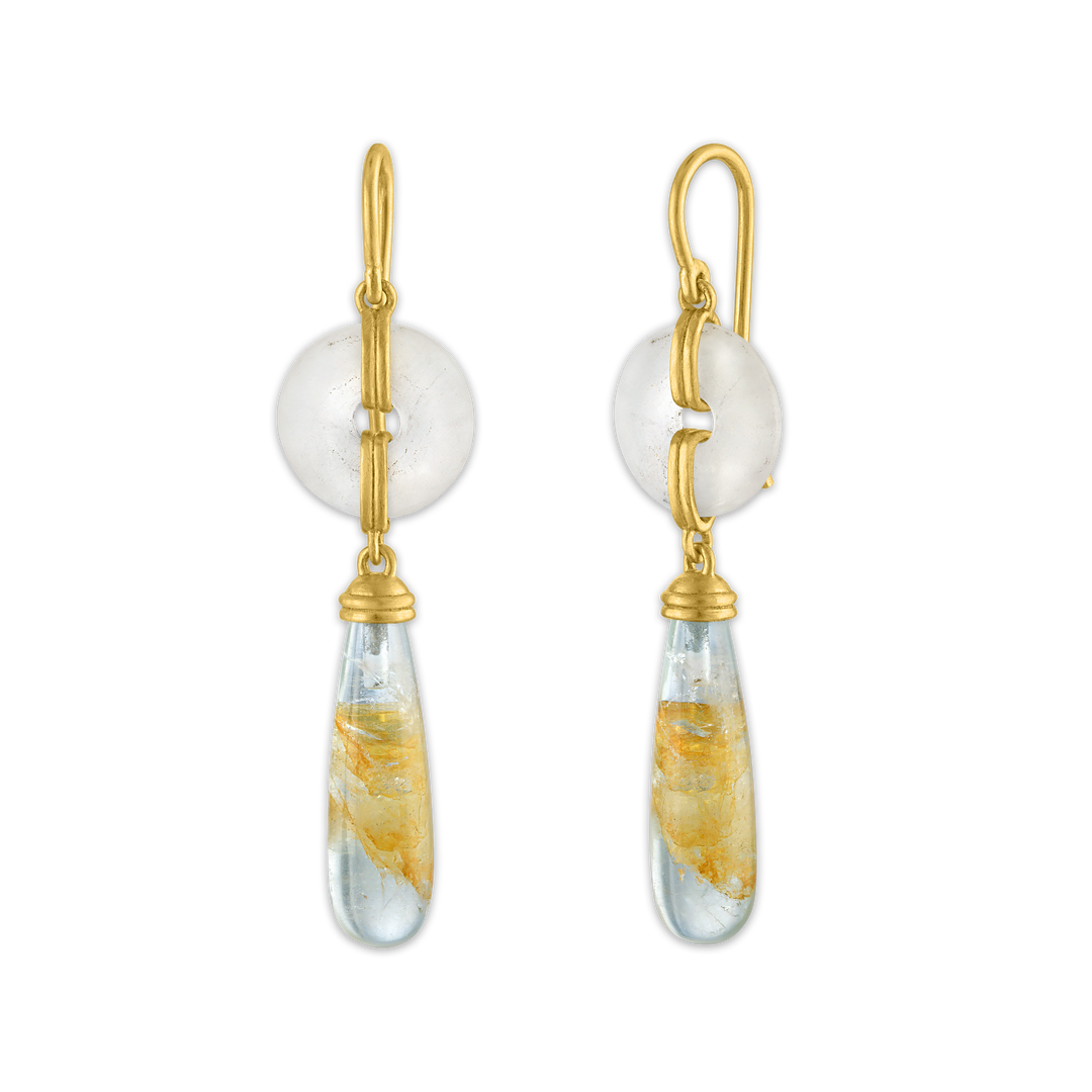 Small Frosted Rock Crystal Discus and Beryl Drop Earrings