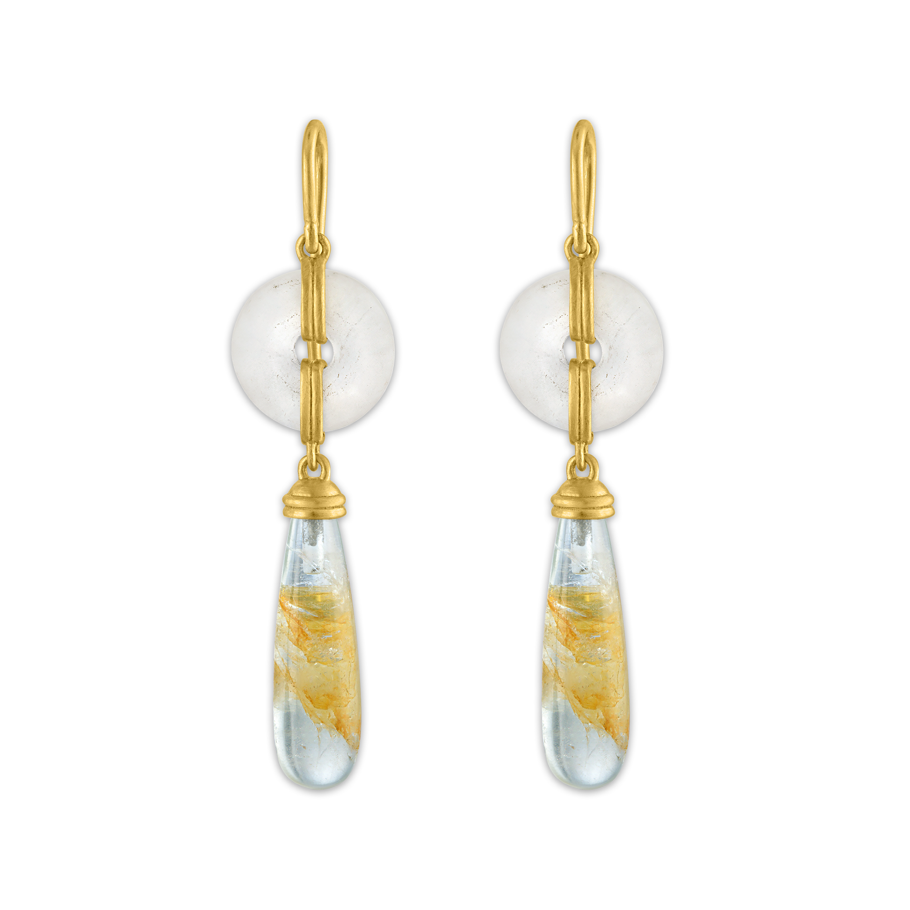 Small Frosted Rock Crystal Discus and Beryl Drop Earrings