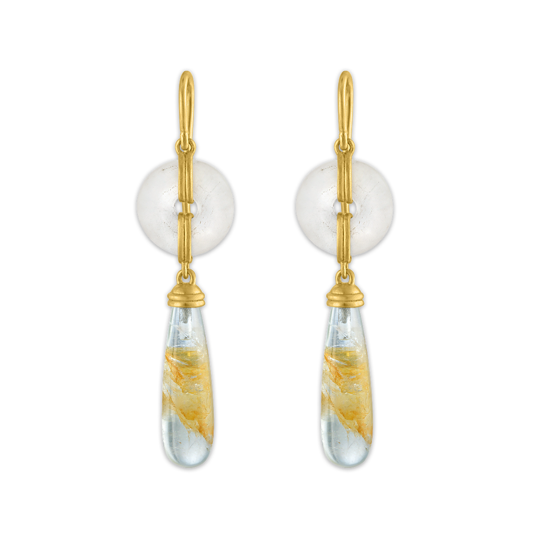 Small Frosted Rock Crystal Discus and Beryl Drop Earrings