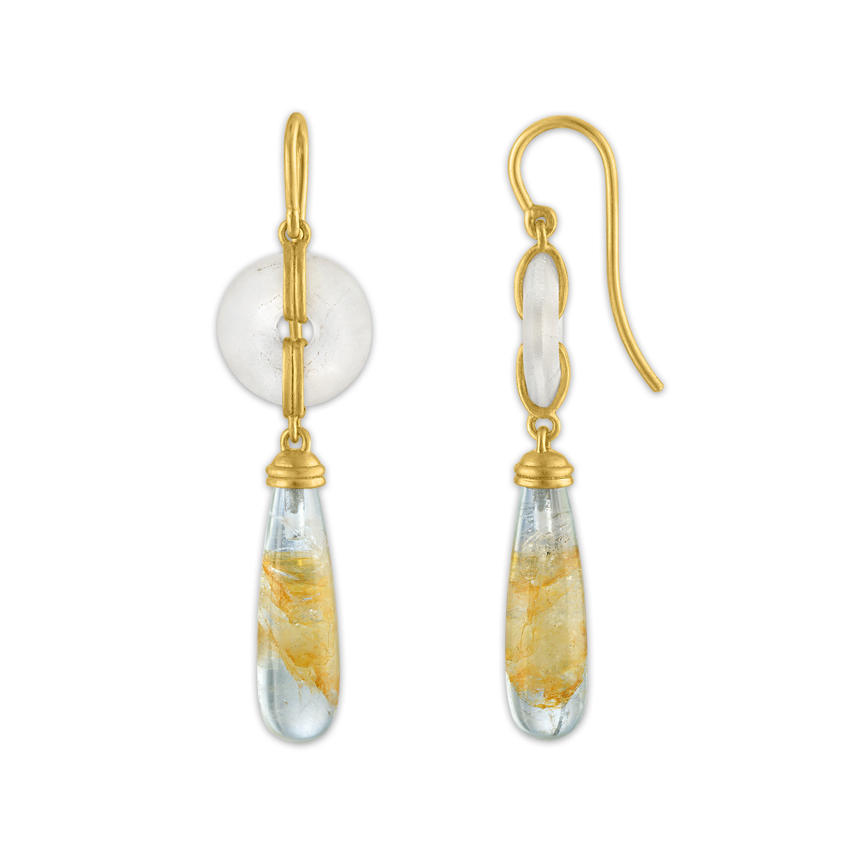 Small Frosted Rock Crystal Discus and Beryl Drop Earrings