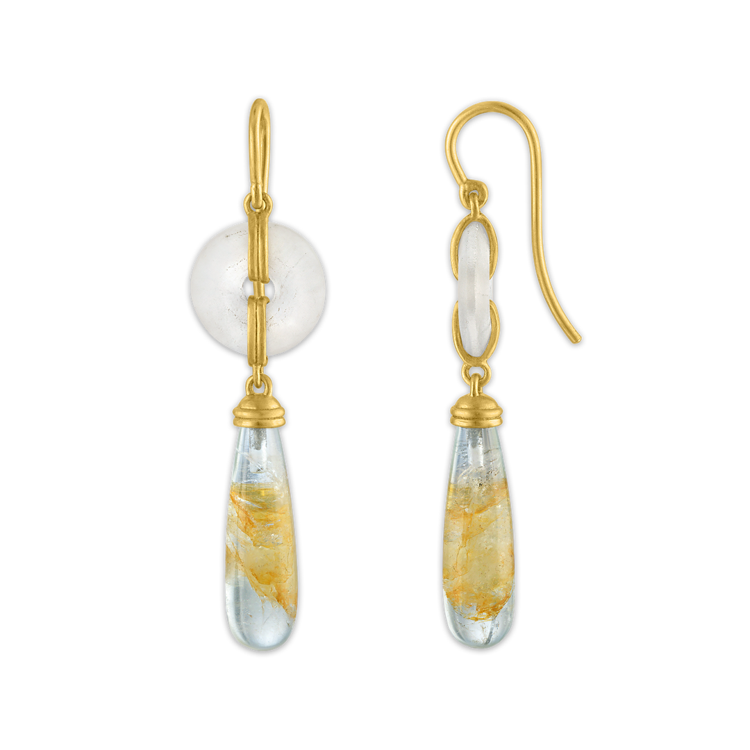 Small Frosted Rock Crystal Discus and Beryl Drop Earrings