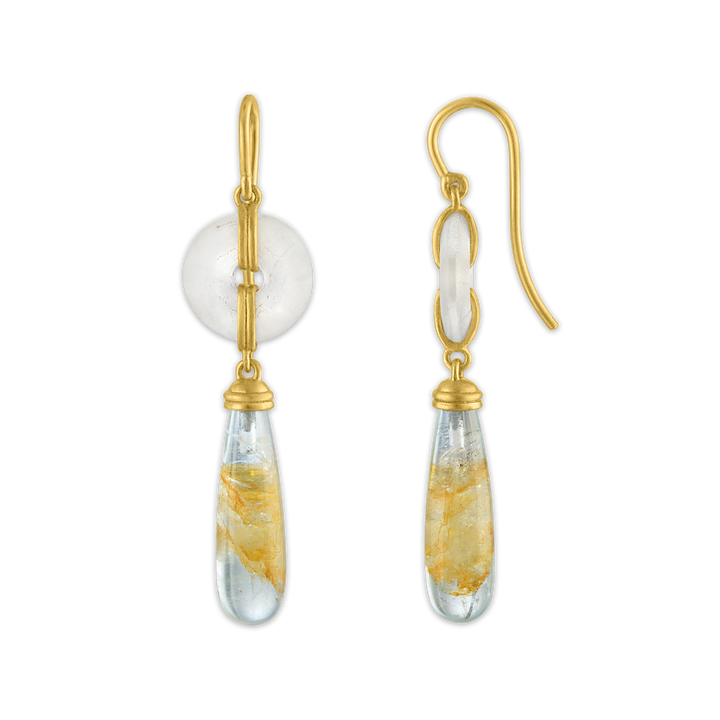 Small Frosted Rock Crystal Discus and Beryl Drop Earrings